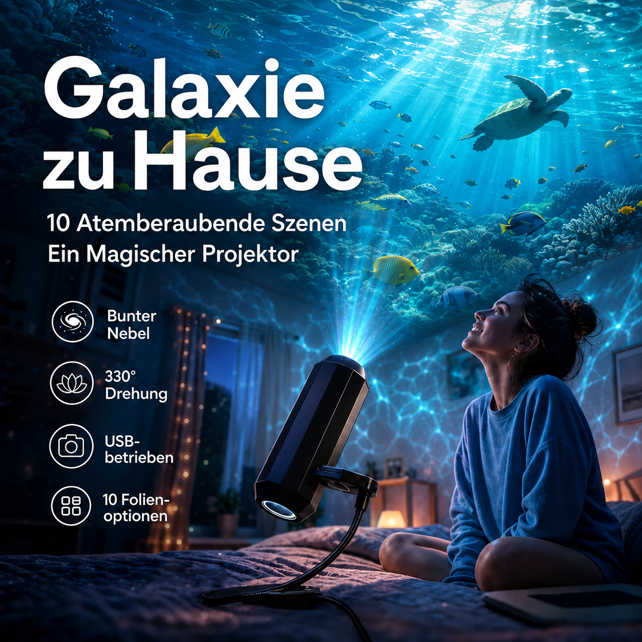 💡🦅BVJ® Plug-and-Play HD-Galaxie- & Ozean-Projektor-Nachtlicht 🐟 Über 50.000 zufriedene Nutzer🐳