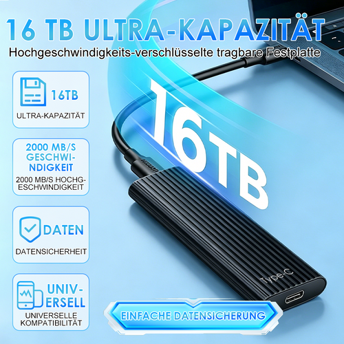 🏆Blitzverkauf🦅Über 50.000 verkauft! Fast ausverkauft – 🔥Tragbare 16-TB-Mini-SSD (Typ-C) | Bis zu 1050 MB/s | IP65 Schutz | Neue Firmware