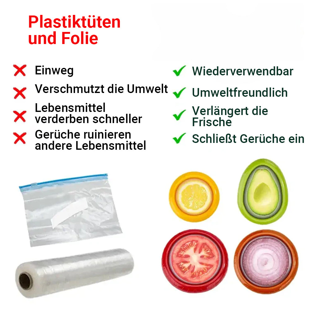 Avasoma®| 4er-Set Wiederverwendbare Frischekapseln für Obst & Gemüse – Ideal für Avocados, Tomaten, Äpfel, Knoblauch, Zwiebeln und mehr