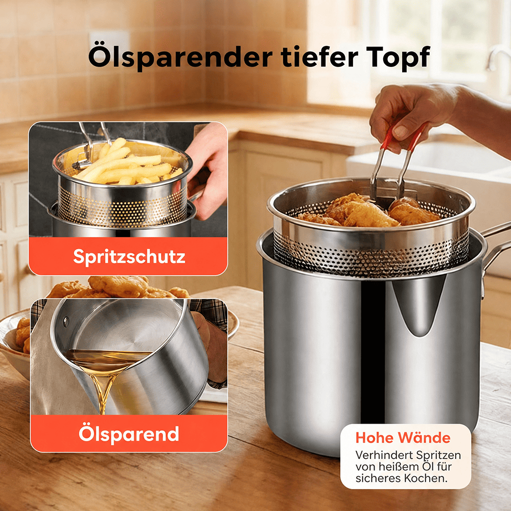 🔥 50 %! 🍳 Multifunktionale Fritteuse aus 304-Edelstahl – lebensmittelecht – spritzschutzoptimiertes Design & Filterkorb für Pommes und Hähnchen 🥟