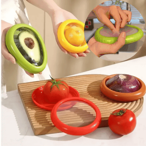 Avasoma®| 4er-Set Wiederverwendbare Frischekapseln für Obst & Gemüse – Ideal für Avocados, Tomaten, Äpfel, Knoblauch, Zwiebeln und mehr
