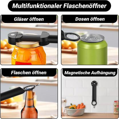 Avasoma® 3-in-1 Multi-Öffner: Für Schraubgläser, Kronkorken und Getränkedosen – Mit Magnet-Halterung