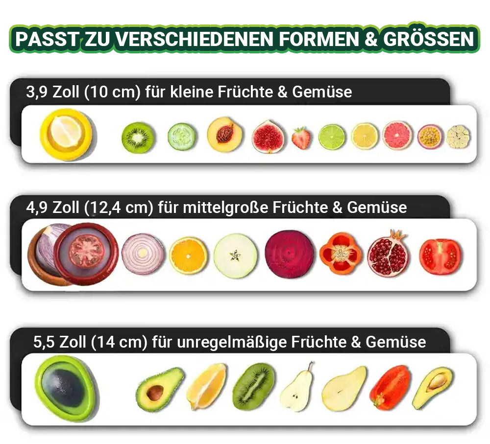 Avasoma®| 4er-Set Wiederverwendbare Frischekapseln für Obst & Gemüse – Ideal für Avocados, Tomaten, Äpfel, Knoblauch, Zwiebeln und mehr