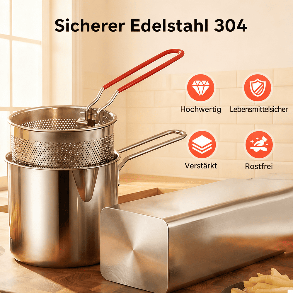 🔥 50 %! 🍳 Multifunktionale Fritteuse aus 304-Edelstahl – lebensmittelecht – spritzschutzoptimiertes Design & Filterkorb für Pommes und Hähnchen 🥟